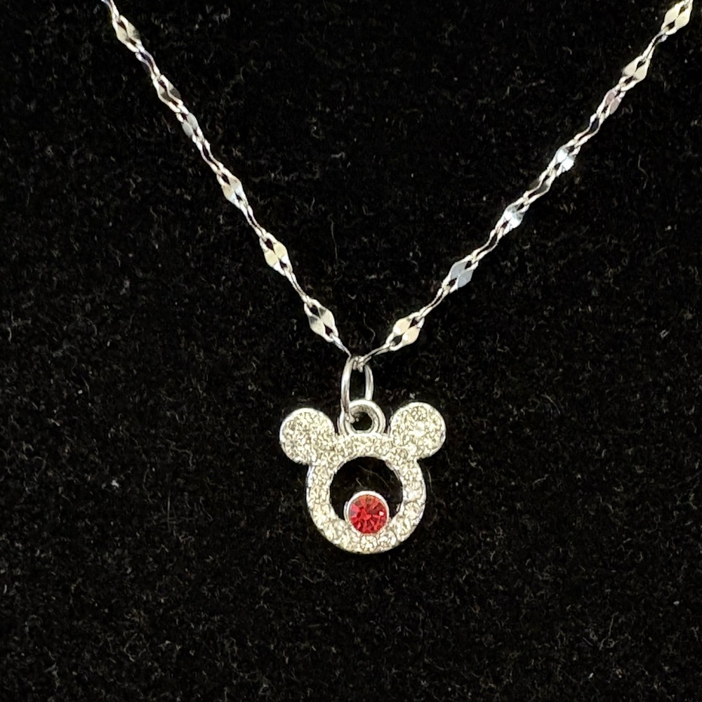 Rhinestone Minnie Mouse w/ruby red birthstone charm necklace